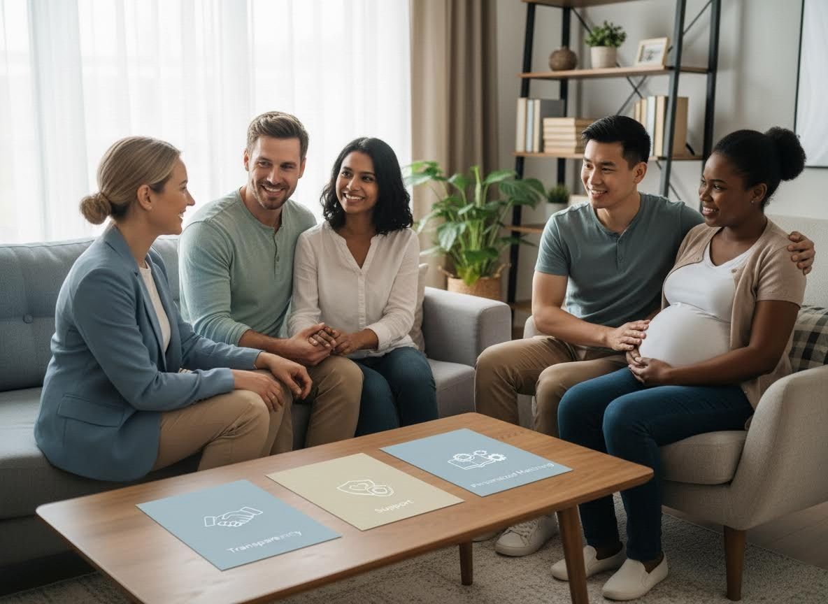 Two diverse couples and a consultant discuss family building options