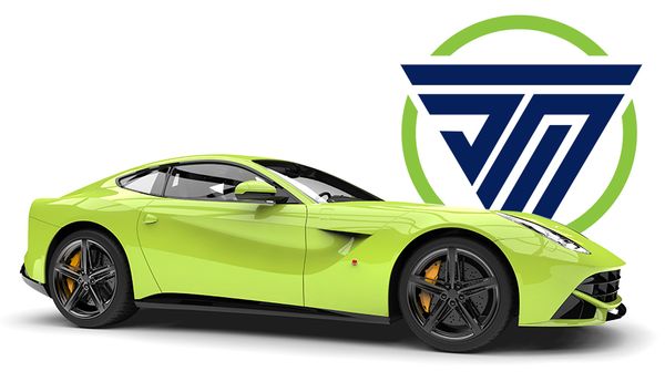 Green sports car with logo