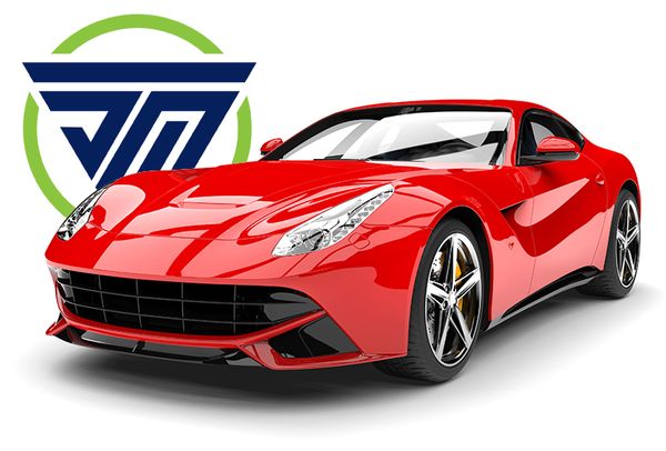Red sports car with logo