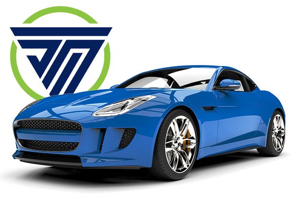 Blue sports car with logo