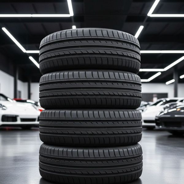 Stack of brand new high-performance tires for a Porsche.