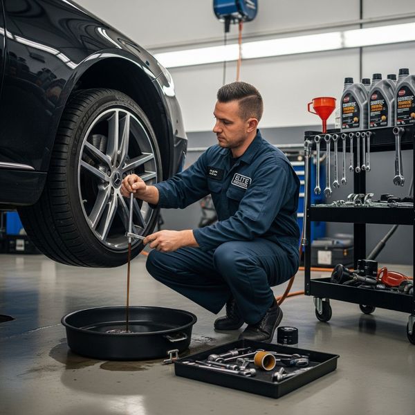 Man working on a Porsche. Man working on a Porsche.