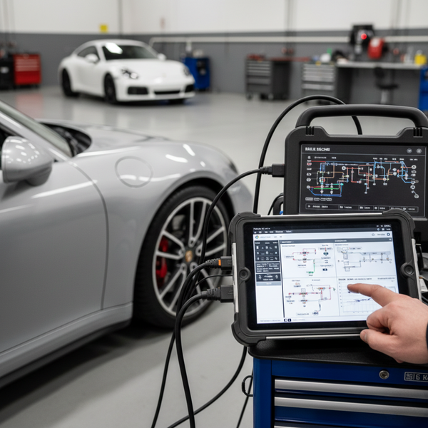 Advanced diagnostic equipment connected to a Porsche for complex system analysis.