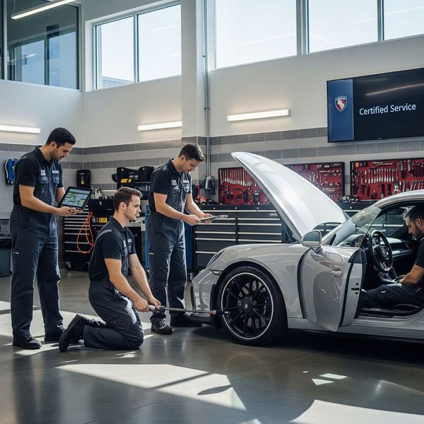 Team of people working on a Porsche. Team of people working on a Porsche.