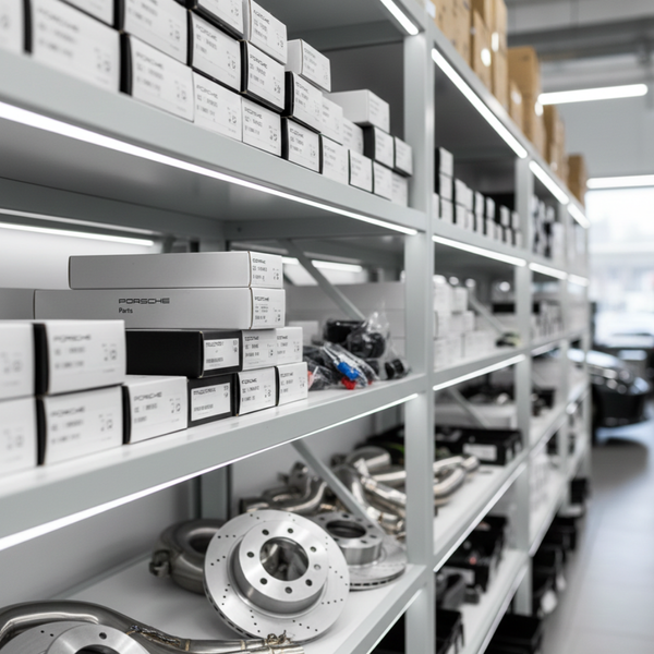 Shelf stocked with new OEM and high-quality aftermarket Porsche vehicle parts.