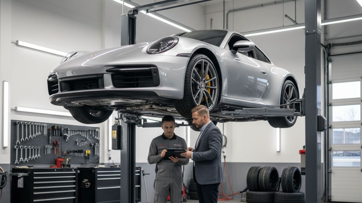 A silver Porsche 911 on a lift in a clean service bay, representing Porsche maintenance cost.