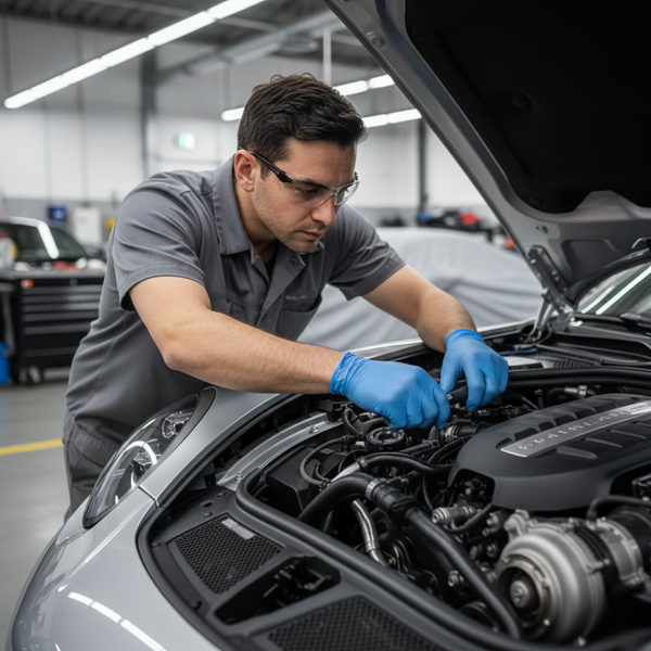 Close-up of a factory-trained technician performing detailed engine work on a Porsche.