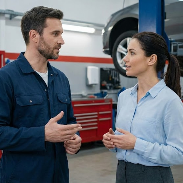Customer and service advisor reviewing a transparent repair estimate on a tablet in a clean auto service waiting area.