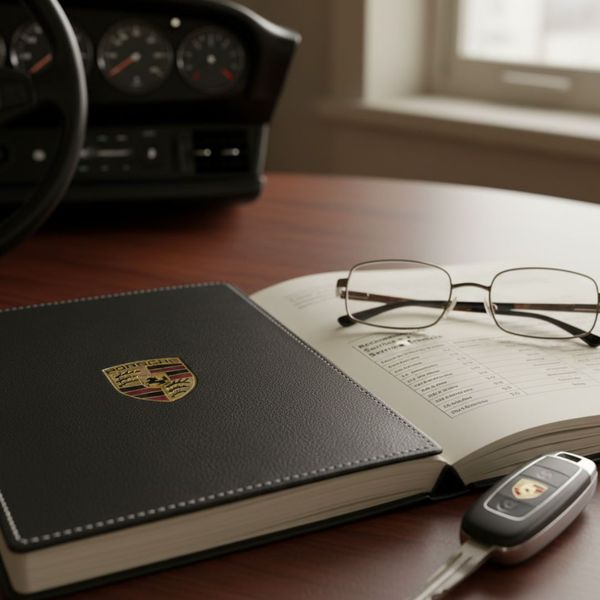 Porsche owner's manual and key, symbolizing the importance of the Porsche service schedule.