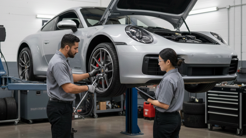Professional technicians performing detailed service on a raised Porsche at Drivers Choice Motors.