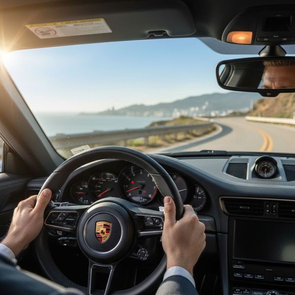 View from inside a Porsche cockpit, with hands on the steering wheel, showing a confident driver.