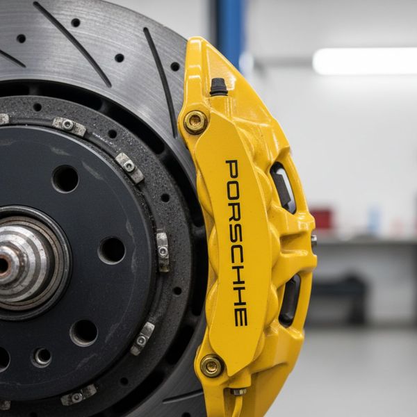 Close-up of a yellow Porsche high-performance brake caliper and cross-drilled rotor.