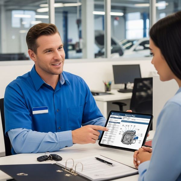 Car technician and customer. Car technician and customer.