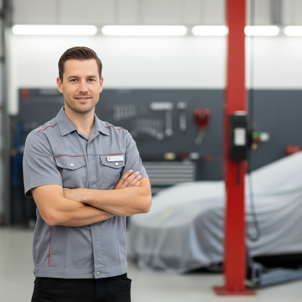 Portrait of a highly-qualified, factory-trained automotive technician in a professional uniform.