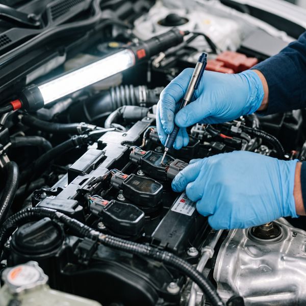 A mechanic in a clean uniform carefully inspects engine components of a high-performance track car in a professional workshop.