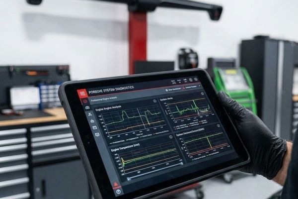 A close-up photograph of a technician's hands typing complex engine calibration data on a rugged laptop keyboard.