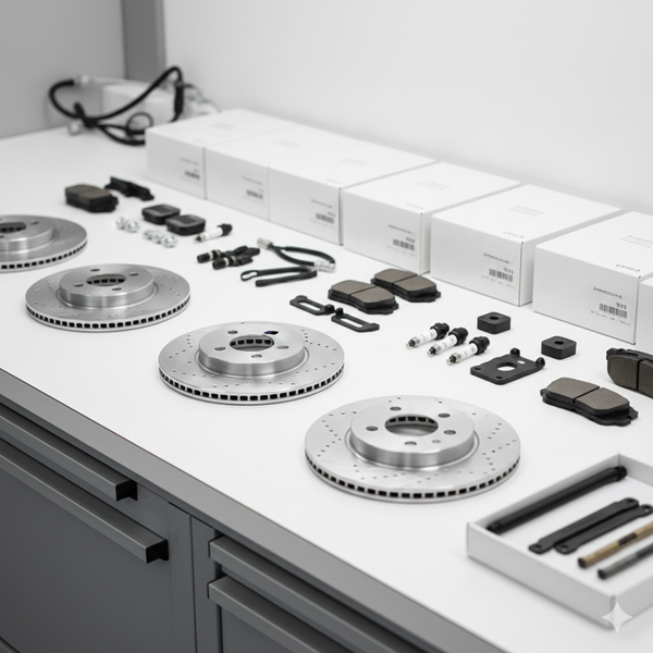 Genuine OEM Porsche replacement parts laid out on a clean surface ready for installation.