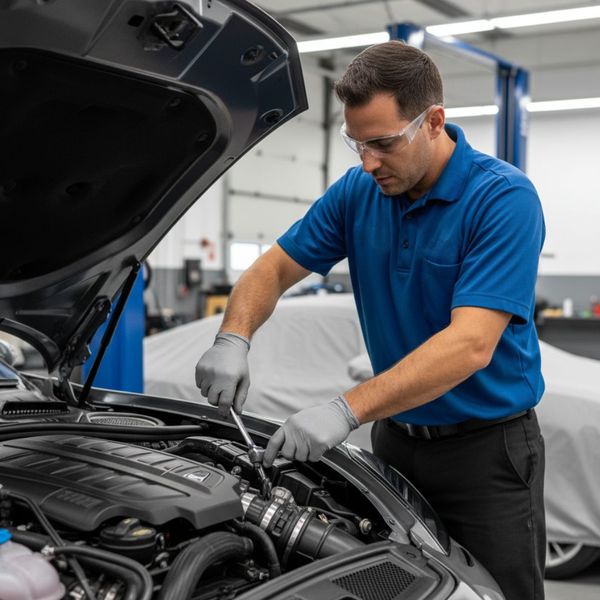 Porsche mechanic working on an engine