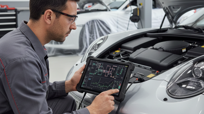 Porsche specialist technician performing advanced diagnostic analysis using a proprietary tool in a professional auto service bay.