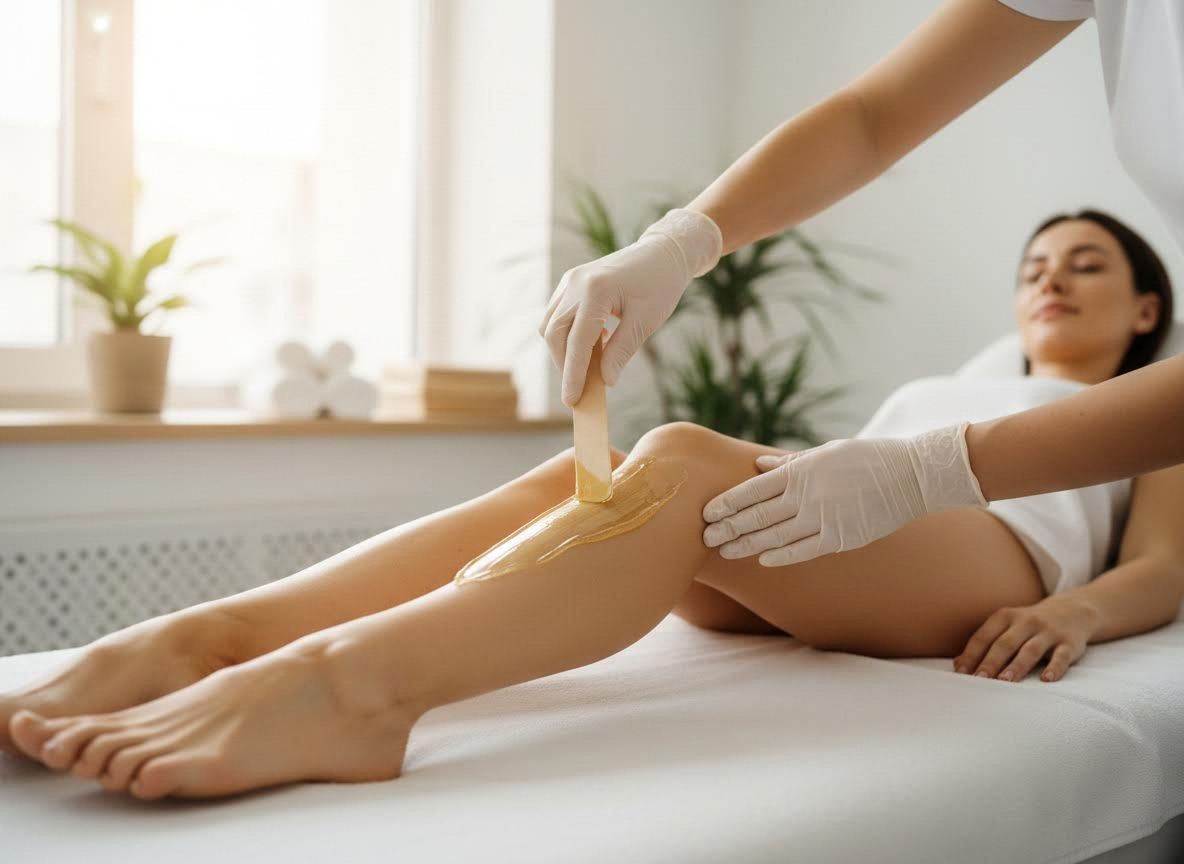 technician gently applying wax to a client's legs