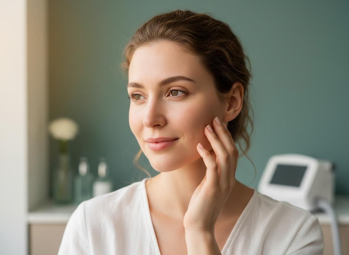 Young woman with clear, radiant skin gently touching her cheek
