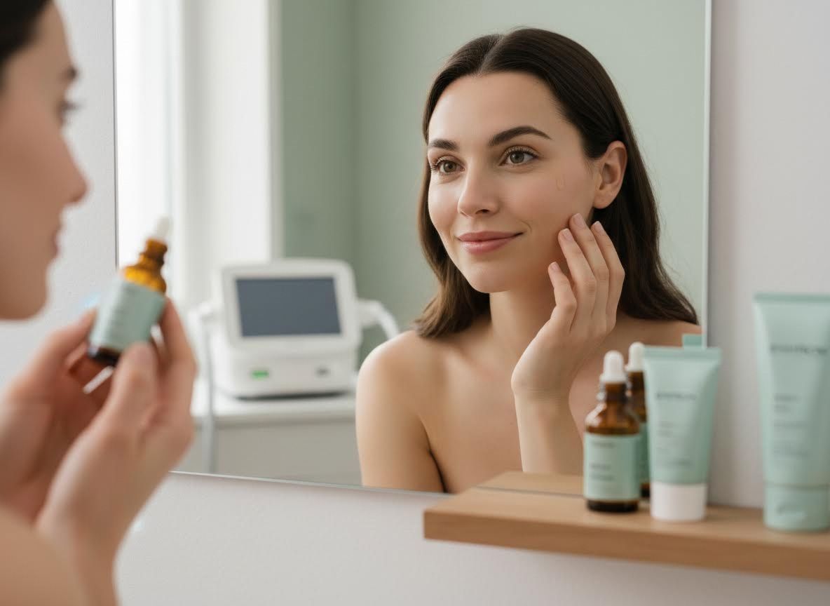 Woman Applying Face Serum in Mirror