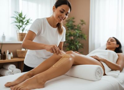 A smiling beautician applies warm wax to a client's leg with a wooden spatula for hair removal in a bright spa room. Woman receiving leg waxing treatment at a spa