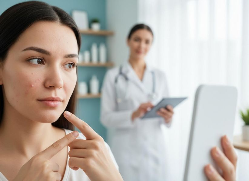Woman with skin issues consults a dermatologist