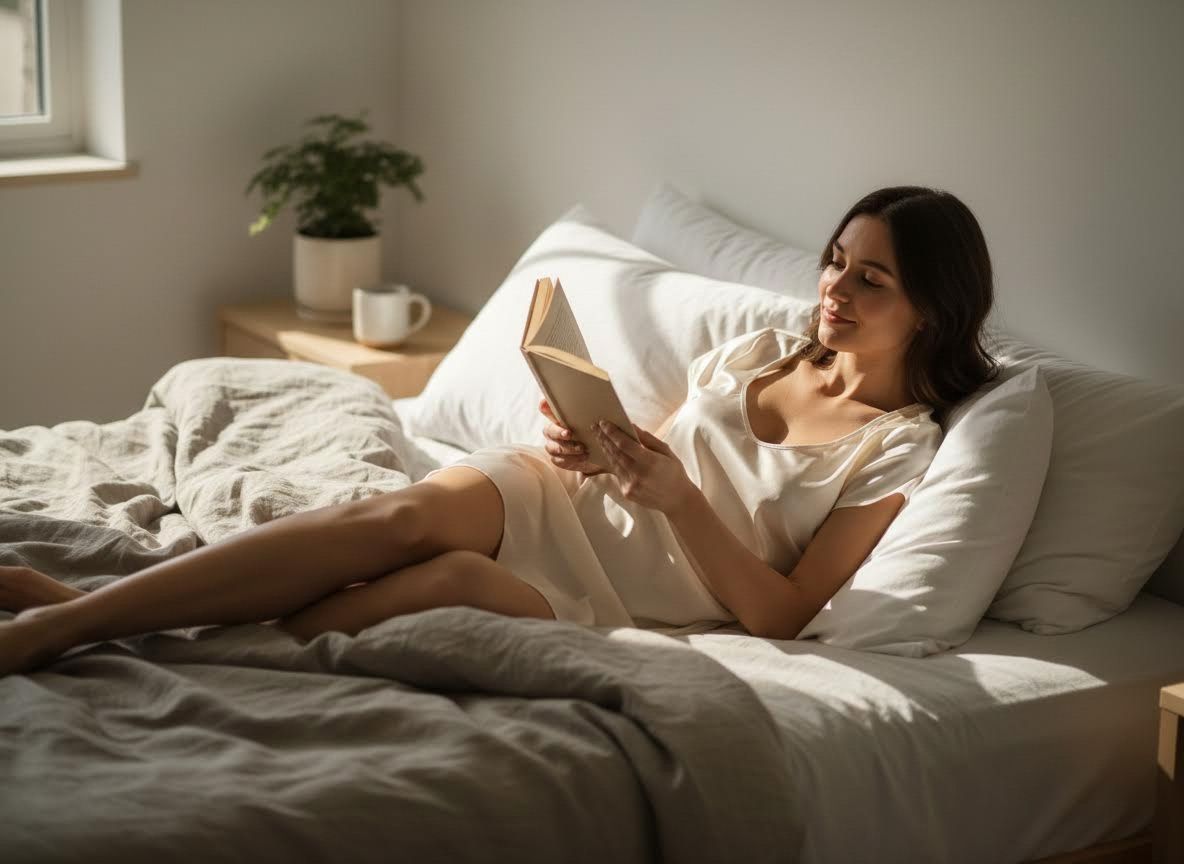 a woman relaxing on her bed in a night gown