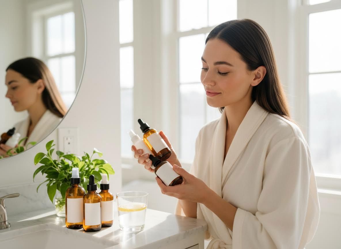 Woman in cream robe holding skincare bottles in a bright bathroom