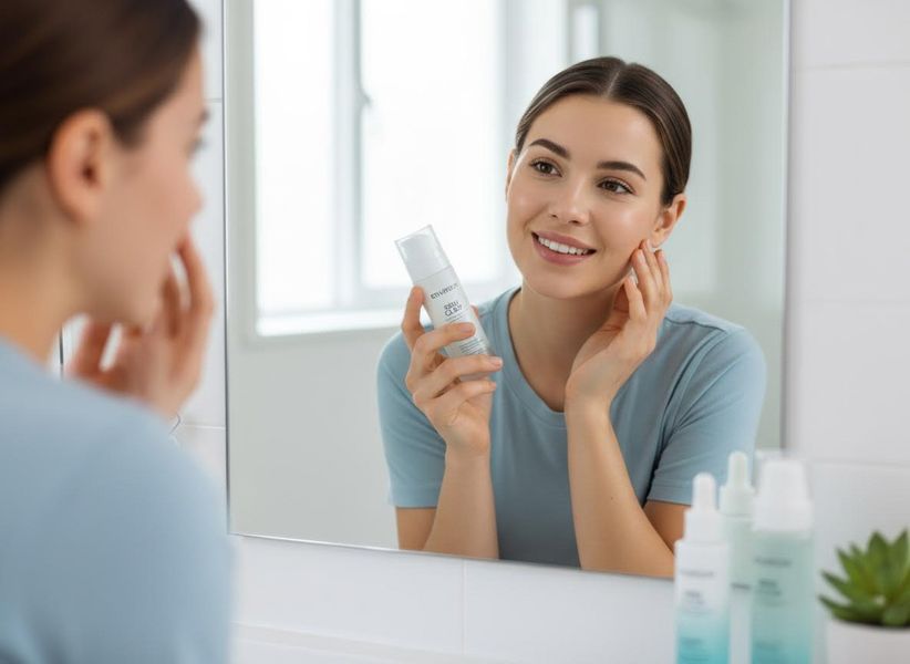 Smiling woman holding skincare product in front of mirror