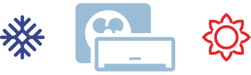 Icons of a snowflake, HVAC systems, and a sun