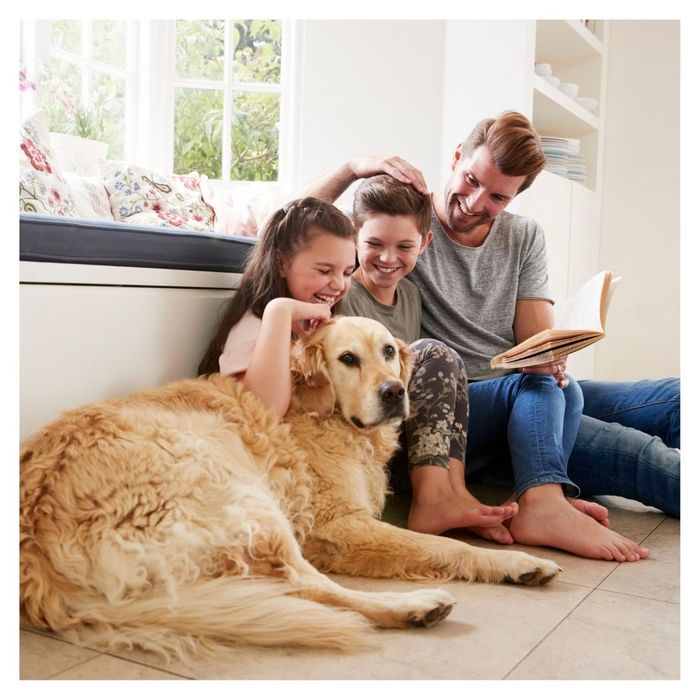 family with dog reading book