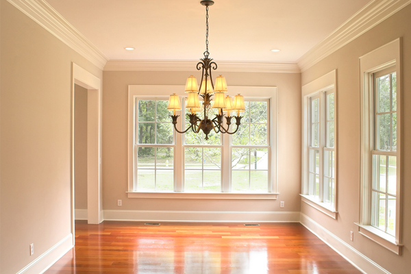 Hardwood flooring with a chandelier