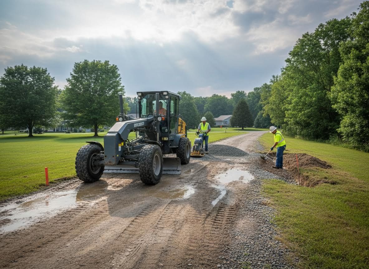 Construction of a Gravel Road with Grader and Workers