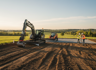 Construction Site with Excavator, Skid Steer, and Surveyors