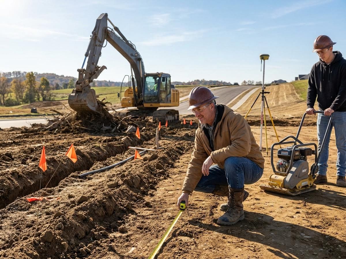 Construction Workers Measuring Trench on Site