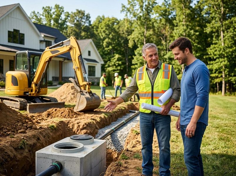 Construction Worker Explaining Septic System Installation