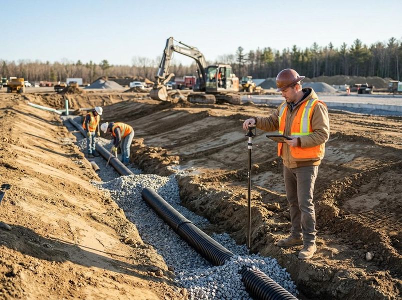 Construction workers installing pipes with surveyor on site