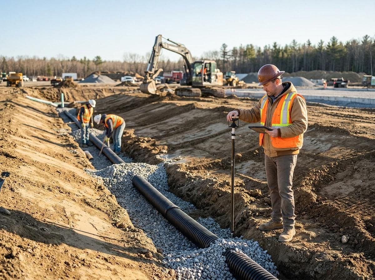 Construction workers installing pipes with surveyor on site