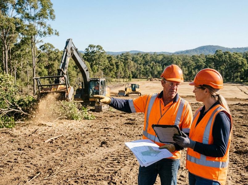 Construction Crew Discussing Site Plans with Heavy Equipment