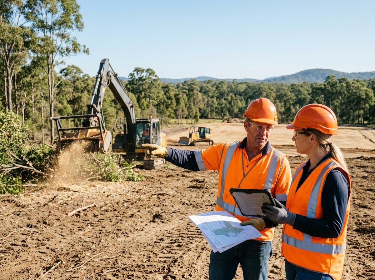 Construction Crew Discussing Site Plans with Heavy Equipment