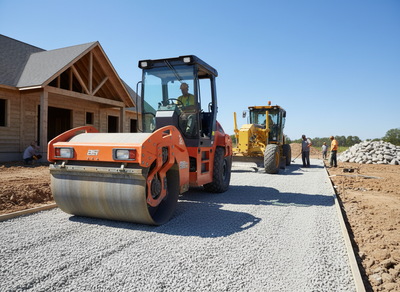 Construction Site with Road Roller, Grader, and Workers