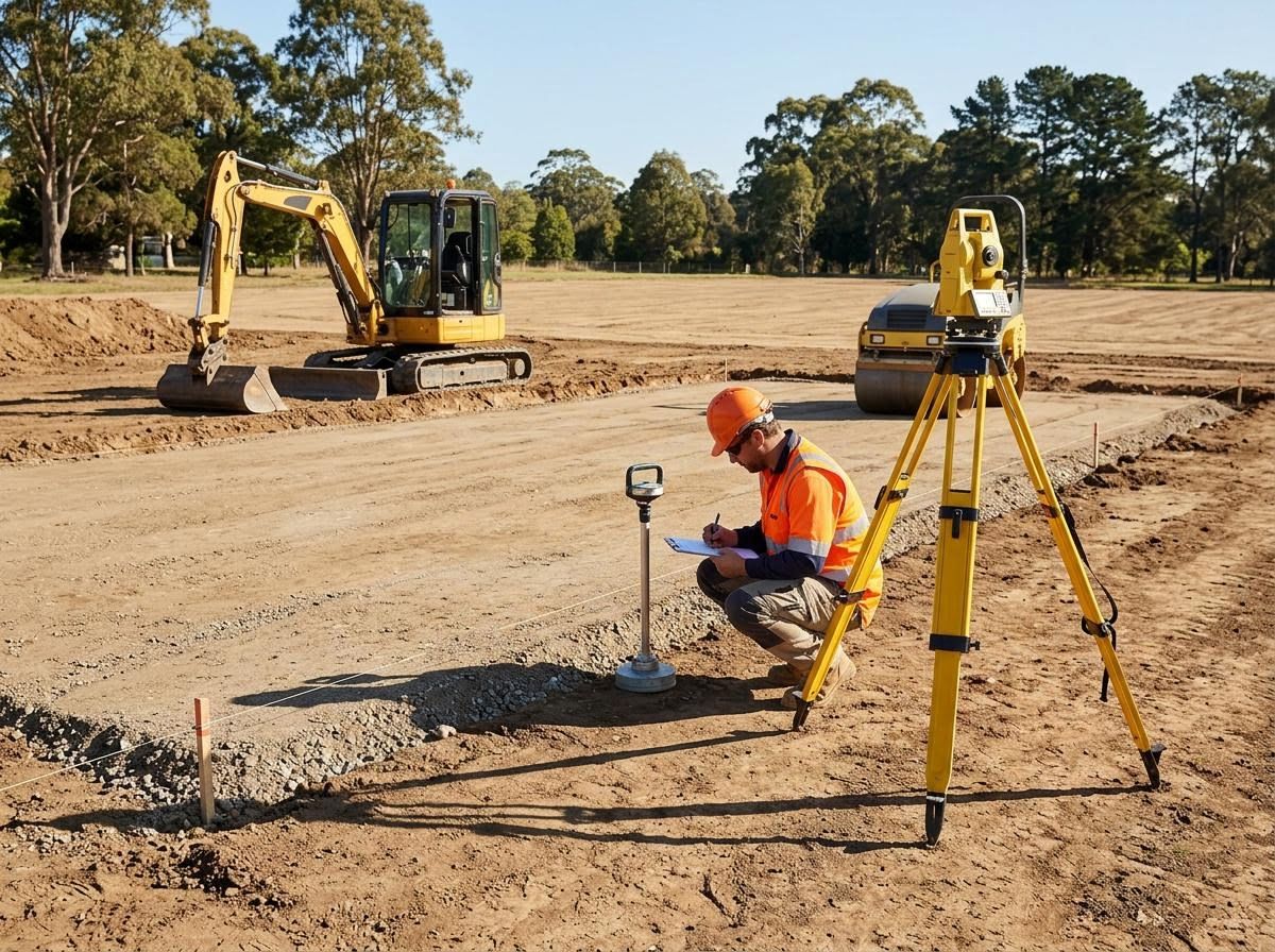 Land Surveyor Working on a Construction Site with Heavy Machinery