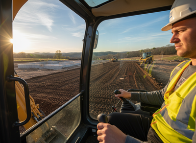 Construction Worker Operating Excavator at New Home Site