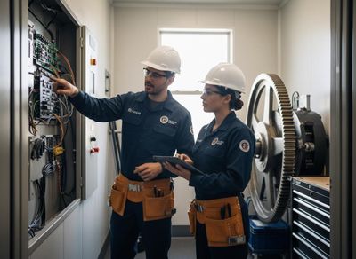A male technician points to circuits in an open electrical panel while a female technician observes with a tablet. Both wear safety gear. Two technicians inspecting industrial electrical panel