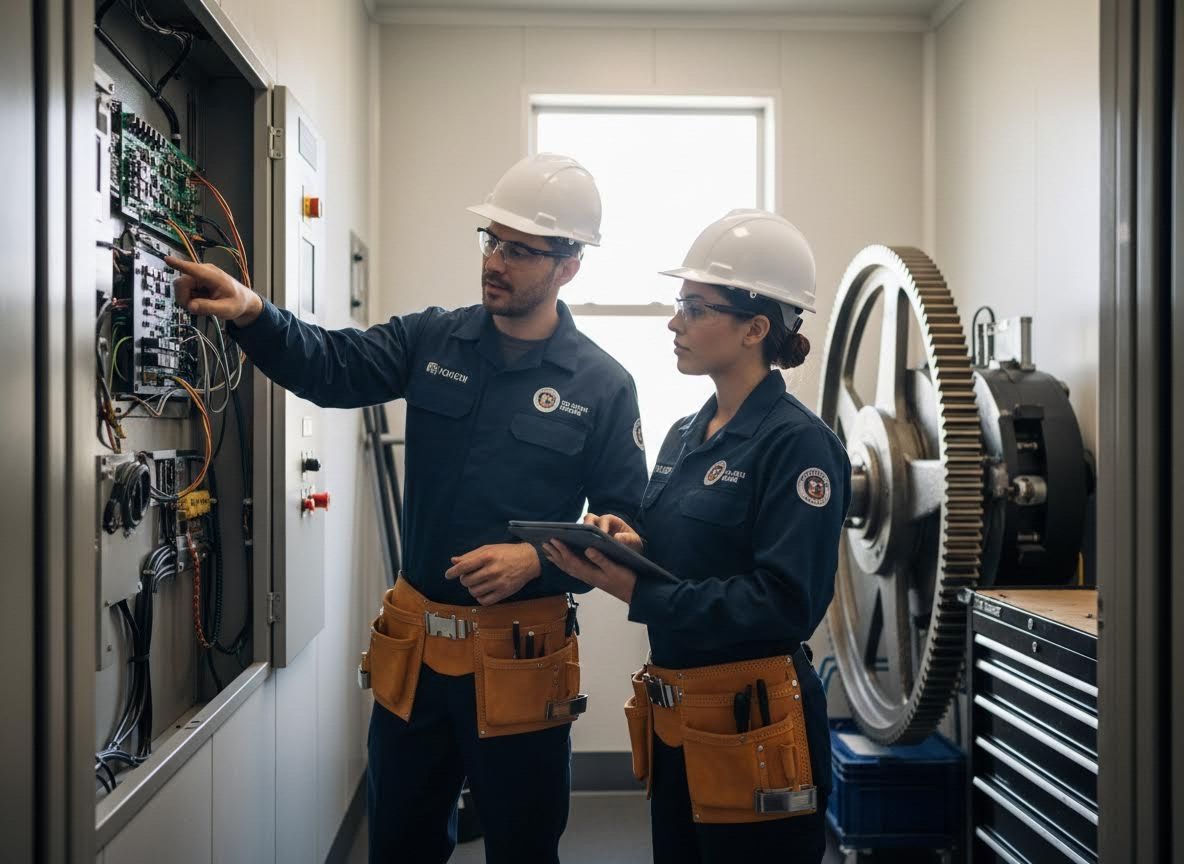 Two technicians inspecting industrial electrical panel