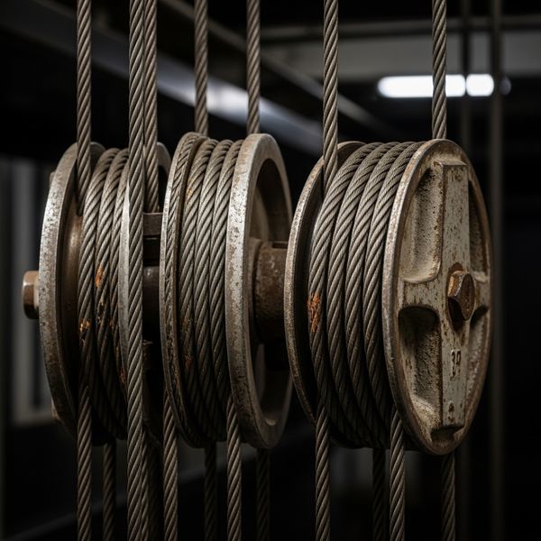 Close up of heavy duty steel elevator cables and pulleys.