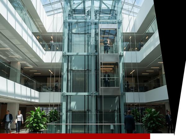 Bright, multi-level atrium of a commercial building featuring a central glass elevator.