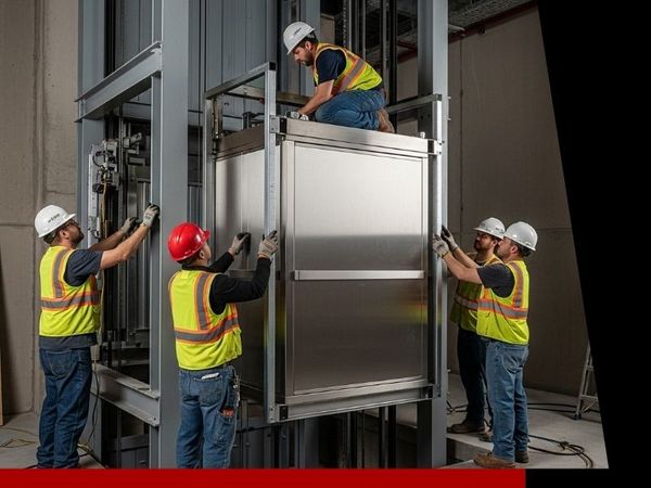 a team of professional installers fitting a new, high-performance service elevator into the shaft of a commercial building